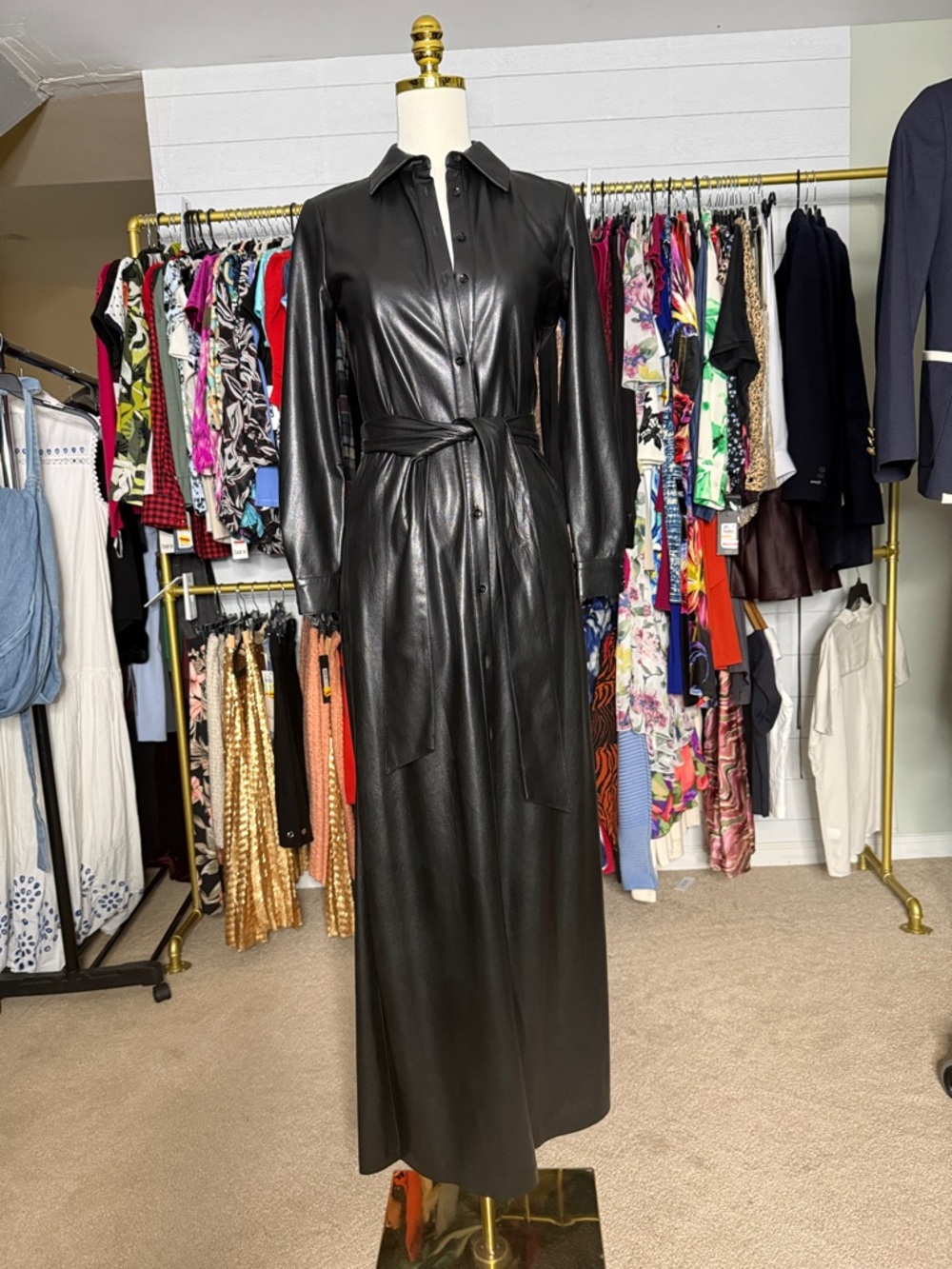 Alice + Olivia “Chassidy” Vegan Leather Maxi Shirt Dress XS